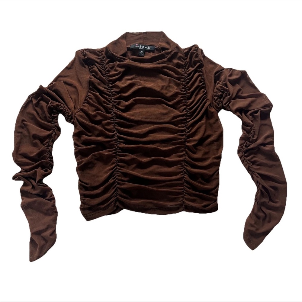 Mixed Threads Women’s Ruched Sheer Long Sleeve Blouse Top M Mock Neck Brown Y2K